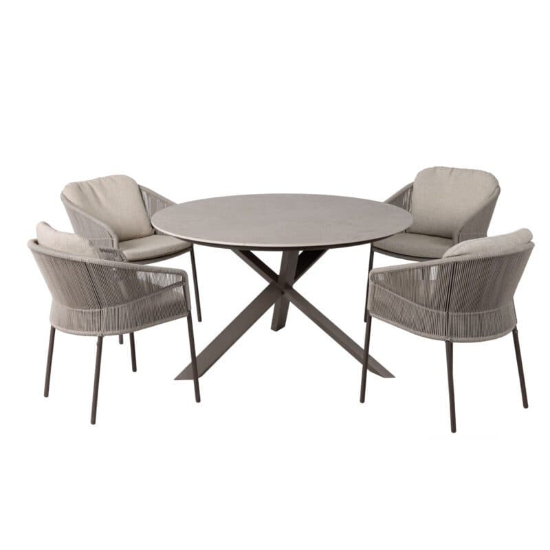 4Seasons Outdoor "Florence" Diningsessel, Gestell Aluminium terre, Rope-Bespannung hellgrau, Kissen Olefin hellgrau mit "Prado" Gartentisch Ø 130 cm, Tischplatte Keramik terre
