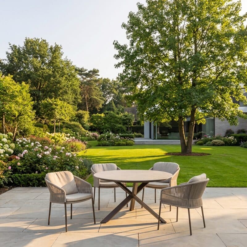 4Seasons Outdoor "Florence" Diningsessel, Gestell Aluminium terre, Rope-Bespannung hellgrau, Kissen Olefin hellgrau mit "Prado" Gartentisch Ø 130 cm, Tischplatte Keramik terre