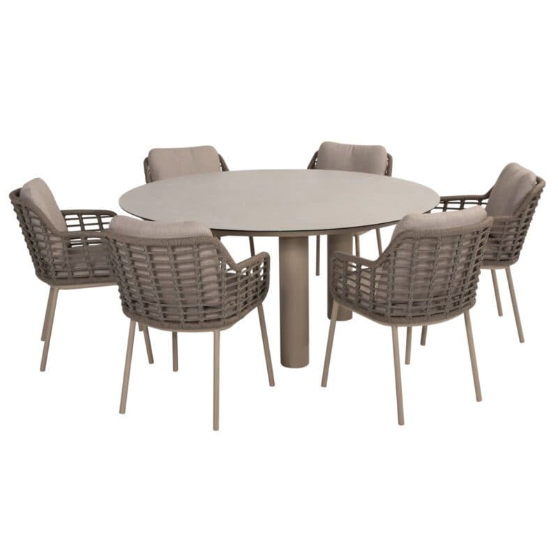 4Seasons Outdoor Set mit Tisch "Donato" 160 cm, Tischplatte Glaskeramik hellgrau mit Diningsessel "Puglia" Rope taupe, Aluminium latte