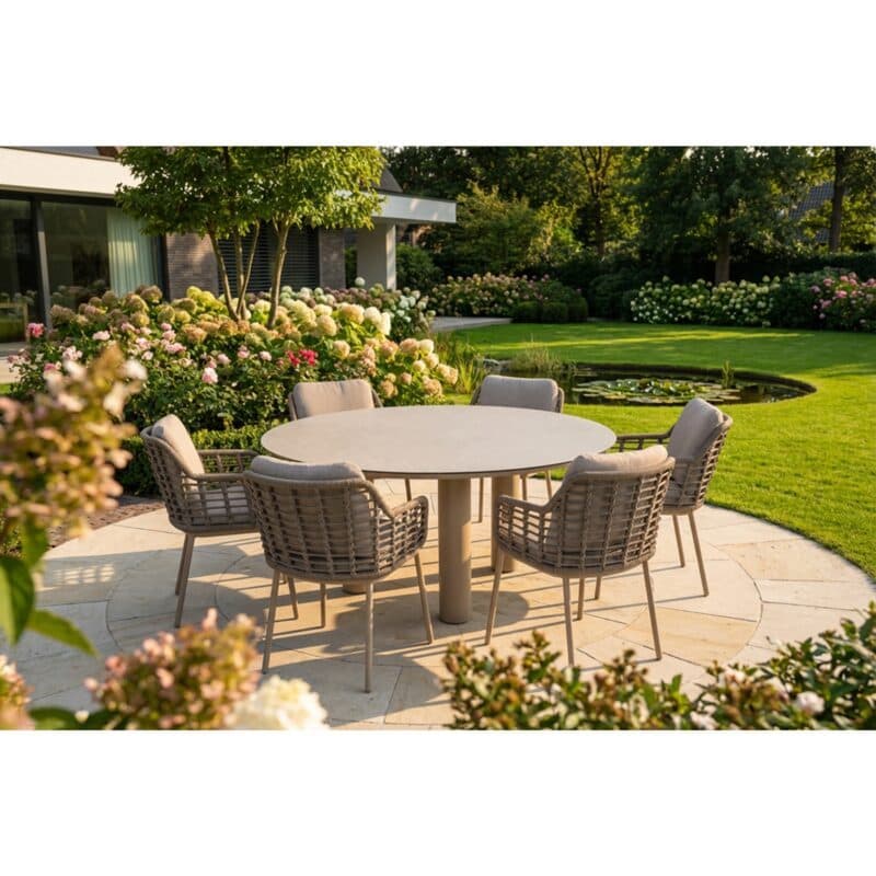 4Seasons Outdoor Set mit Tisch "Donato" 160 cm, Tischplatte Glaskeramik hellgrau mit Diningsessel "Puglia" Rope taupe, Aluminium latte