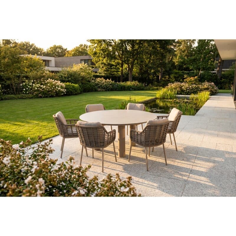 4Seasons Outdoor Set mit Tisch "Donato" 160 cm, Tischplatte Glaskeramik hellgrau mit Diningsessel "Puglia" Rope taupe, Aluminium latte