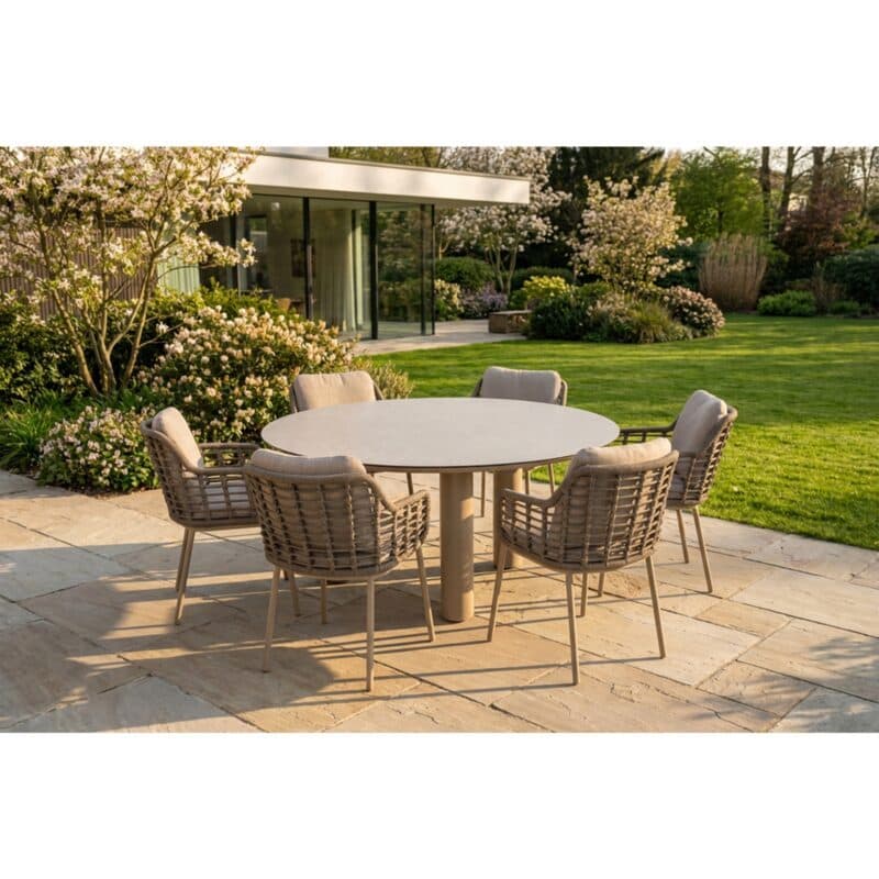 4Seasons Outdoor Set mit Tisch "Donato" 160 cm, Tischplatte Glaskeramik hellgrau mit Diningsessel "Puglia" Rope taupe, Aluminium latte