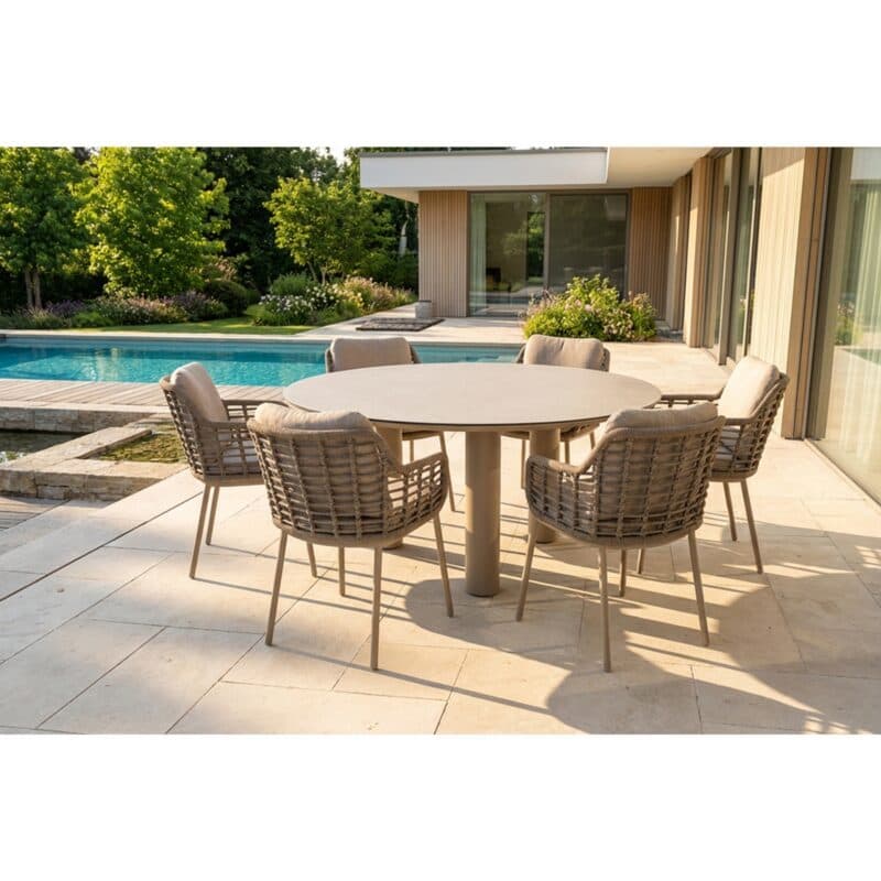 4Seasons Outdoor Set mit Tisch "Donato" 160 cm, Tischplatte Glaskeramik hellgrau mit Diningsessel "Puglia" Rope taupe, Aluminium latte