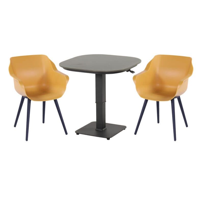Hartman "Sophie Studio/Tubb" Gartenmöbel-Set, Gestelle Aluminium schwarz, Sitzschale curry yellow, Tischplatte Keramik anthrazit 70×70 cm