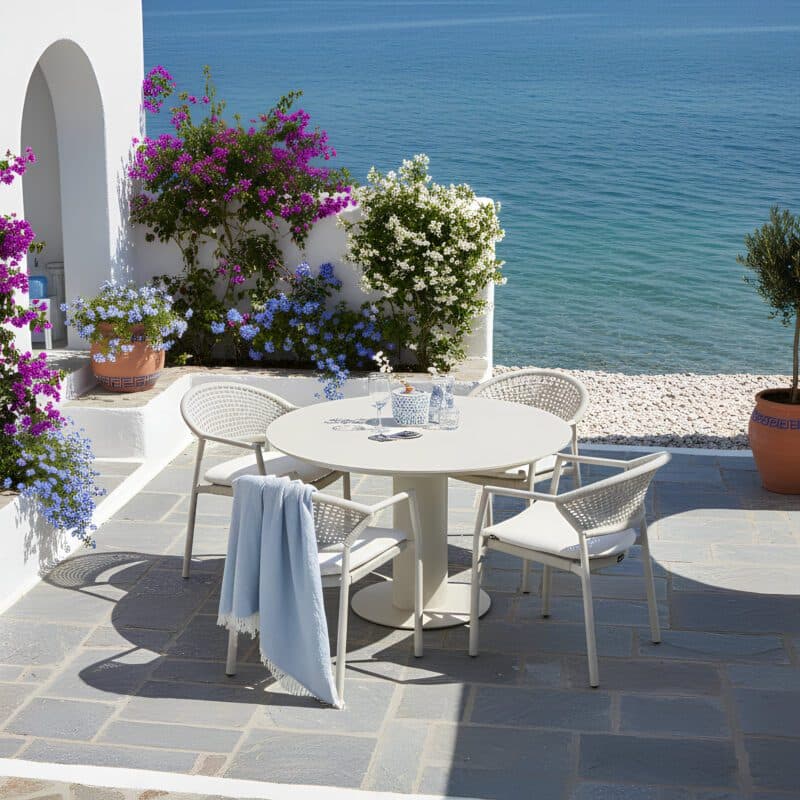 Hartman "Taragona" Stapelstuhl, Gestell Aluminium sand, Rope-Bespannung sand, Weatherready® Kissen beige, mit "Girona" Gartentisch Ø 120 cm, Tischplatte Keramik beige