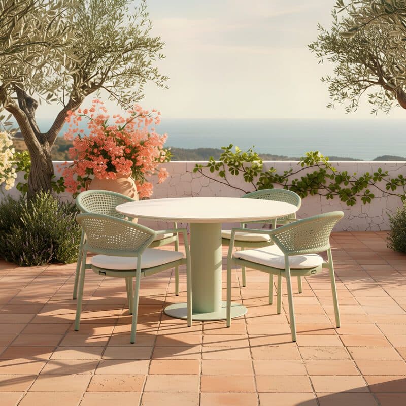Hartman "Taragona" Stapelstuhl, Gestell Aluminium soft green, Rope-Bespannung soft green, Weatherready® Kissen beige, mit "Girona" Gartentisch Ø 120 cm, Tischplatte Keramik beige