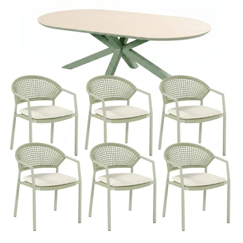 Hartman "Taragona/Granada" Gartenmöbel-Set, Gestelle Aluminium soft green, Rope-Bespannung soft green, Weatherready® Kissen beige, Tischplatte Keramik 220×120 cm