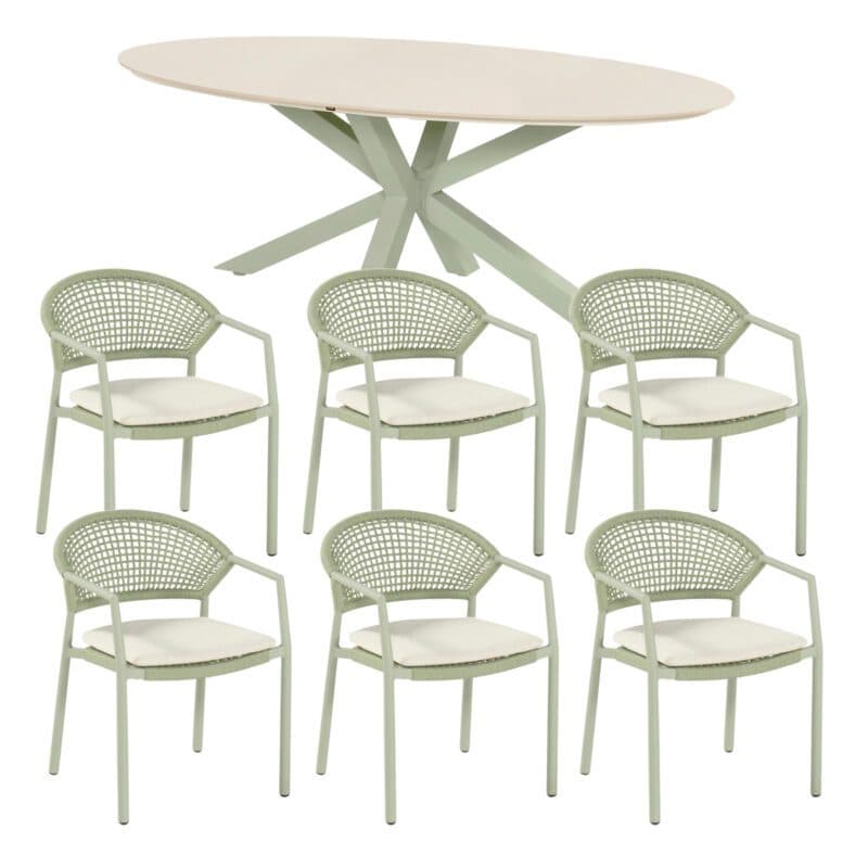 Hartman "Taragona/Granada" Gartenmöbel-Set, Gestelle Aluminium soft green, Rope-Bespannung soft green, Weatherready® Kissen beige, Tischplatte Keramik 220×120 cm