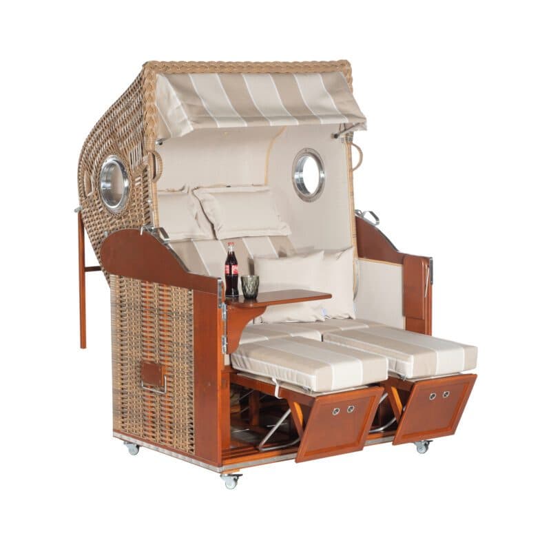 Sonnenpartner Strandkorb "Classic-Bullauge" 2-Sitzer, Volllieger, Geflecht Marone, Markisenstoff Dessin 58 und beige kariert 726