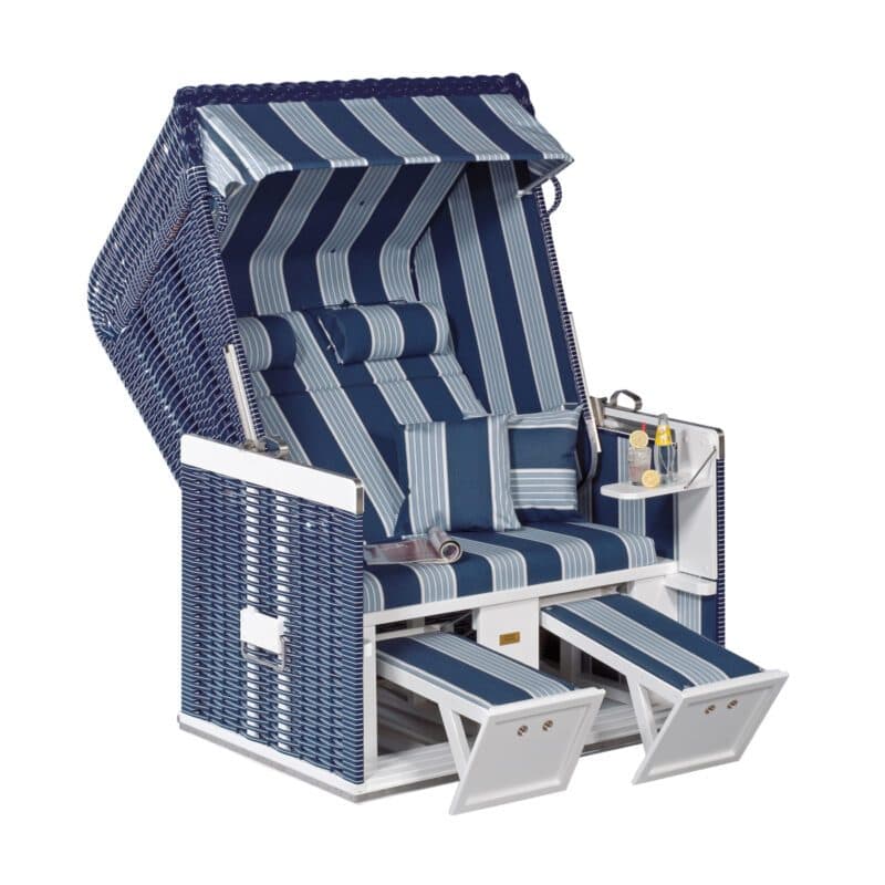 Sonnenpartner Strandkorb "Konsul", 2-Sitzer, Polyrattan blau mit weißen Nadelstreifen, Stoff-Dessin 118