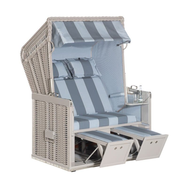 Sonnenpartner Strandkorb "Konsul", 2-Sitzer, Polyrattan taupe, Stoff-Dessin 19 und uni jeansblau/weiß