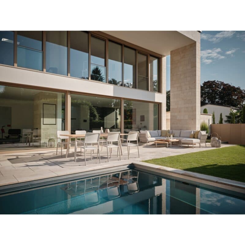 Stern "Joris" Stapelsessel, Aluminium greige, Textilen sesam light