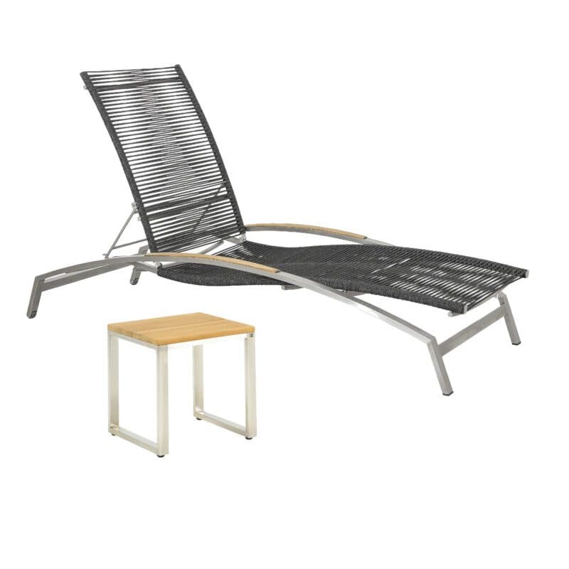 CASA DOMA Set mit "Mineo" Sonnenliege & "Macari" Beistelltisch, Gestelle Edelstahl gebürstet, Rope anthrazit, Armlehnen und Tischplatte Teak
