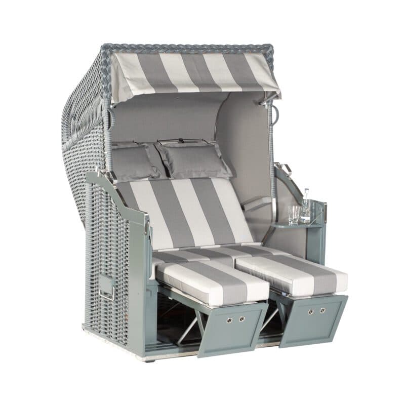 Strandkorb "Classic" von SonnenPartner, Korpus Fichte, Geflecht onix, Dessin Stoff-Nr. 59 und uni grau kariert