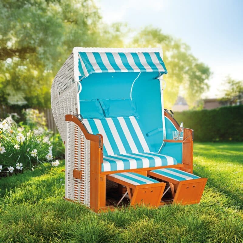 Strandkorb "Classic" von SonnenPartner, Korpus Fichte, Geflecht weiß, Dessin Stoff-Nr. 62 und uni türkis