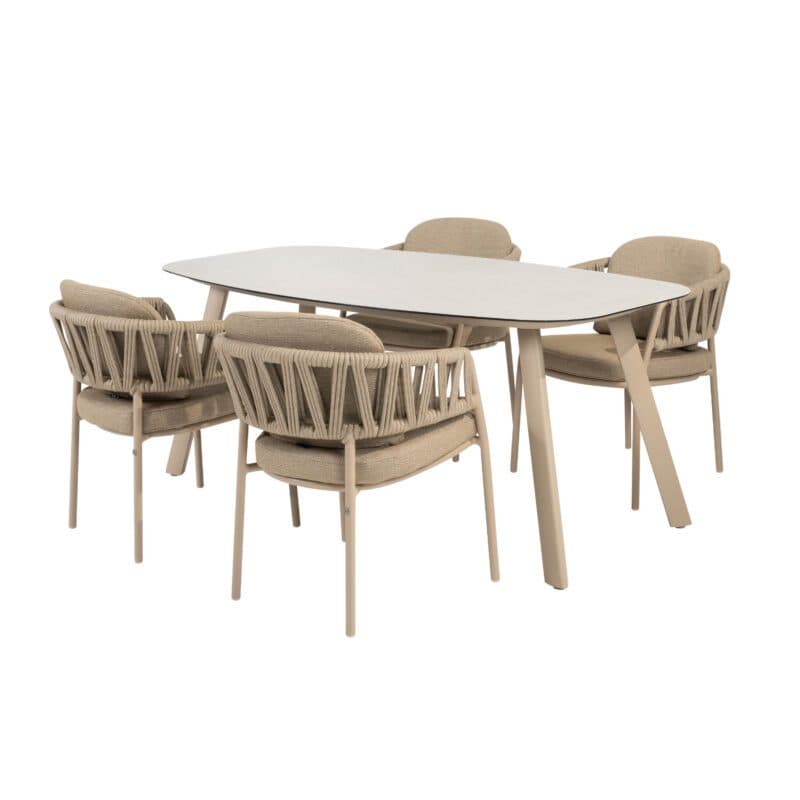 4Seasons Outdoor "Calma" Diningsessel, Gestell Aluminium latte, Rope-Bespannung taupe, Kissen Olefin taupe mit "Manolo" Gartentisch 180x95 cm, Tischplatte Keramik