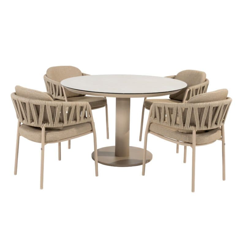 4Seasons Outdoor "Calma" Diningsessel, Gestell Aluminium latte, Rope-Bespannung taupe, Kissen Olefin taupe mit "Sarah" Gartentisch Ø 120 cm, Tischplatte Keramik