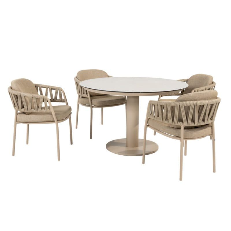 4Seasons Outdoor "Calma" Diningsessel, Gestell Aluminium latte, Rope-Bespannung taupe, Kissen Olefin taupe mit "Sarah" Gartentisch Ø 120 cm, Tischplatte Keramik