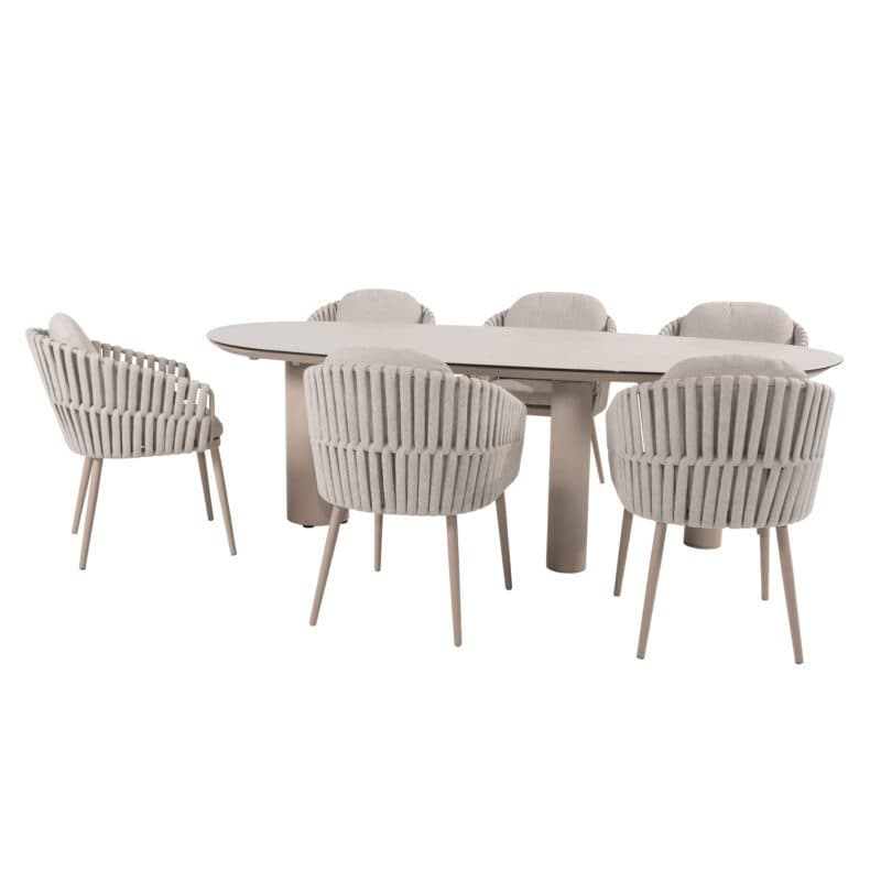 4Seasons Outdoor "Eva" Diningsessel, Gestell Aluminium latte, Rope-Bespannung beige, Kissen Olefin beige mit "Estate" Gartentisch, Tischplatte Keramik