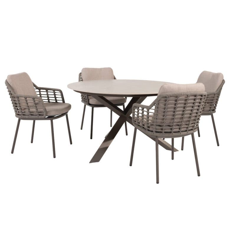 4Seasons Outdoor "Puglia" Diningsessel, Gestell Aluminium terre, Rope-Bespannung grau, Kissen Olefin hellgrau mit "Prado" Gartentisch Ø 130 cm, Tischplatte Keramik