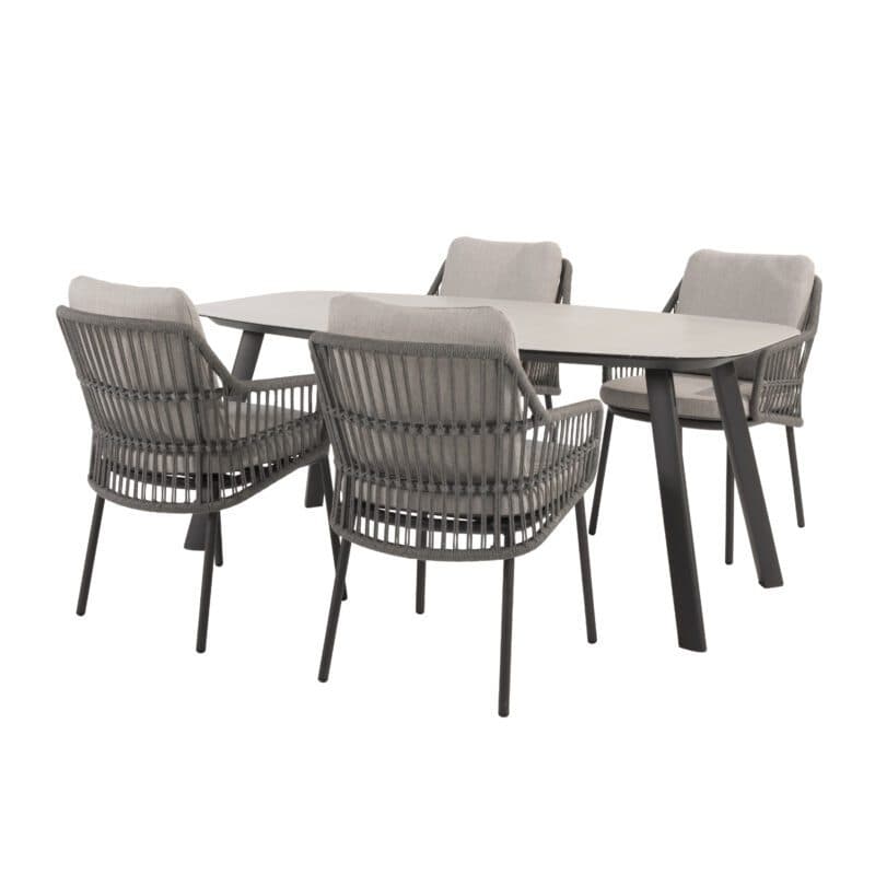 4Seasons Outdoor "Alicante" Diningsessel, Gestell Aluminium anthrazit, Rope-Bespannung grau, Kissen Olefin hellgrau mit "Manolo" Gartentisch 180x95 cm, Tischplatte Keramik sand