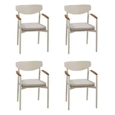 CASA DOMA "Farini" Stapelstuhl, Gestell Aluminium cream, Sitzfläche Rope fossil, Armlehnen Teakholz, Sitzkissen Olefin braunbeige