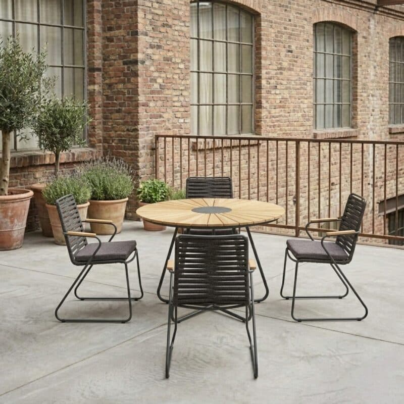 Liadomo "Atina" Set mit Stapelstuhl, Kufengestell Edelstahl anthrazit, Rope anthrazit und Gartentisch Ø 110 cm mit Teakplatte mit Keramik-Einlage