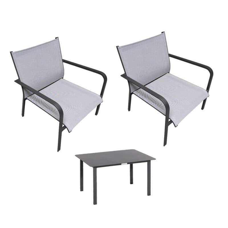 Jati&Kebon "Dransy" Set mit Loungesessel und Loungetisch 70x50 cm, Aluminium eisengrau, Textilgewebe silbergrau