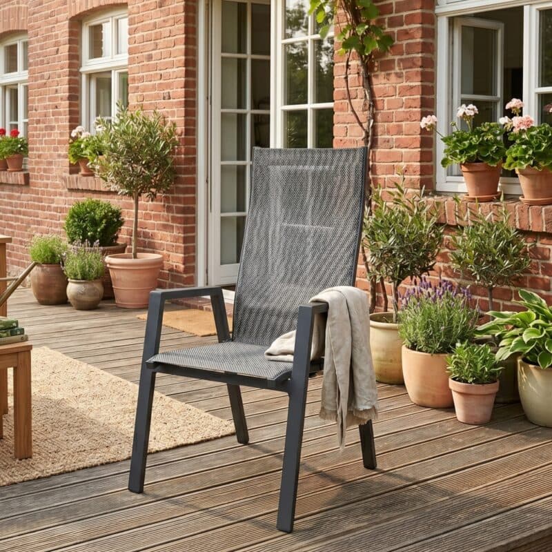 Lesli Living "Amir" Hochlehner, Alu anthrazit matt, Textilgewebe schwarz-grau