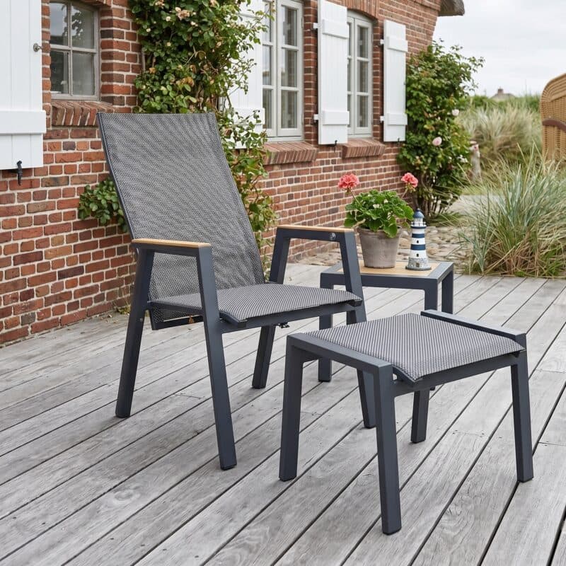 Lesli Living “Amir“ Hochlehner und Hocker, Gestelle Aluminium anthrazit matt, Sitz Textilgewebe schwarz/grau