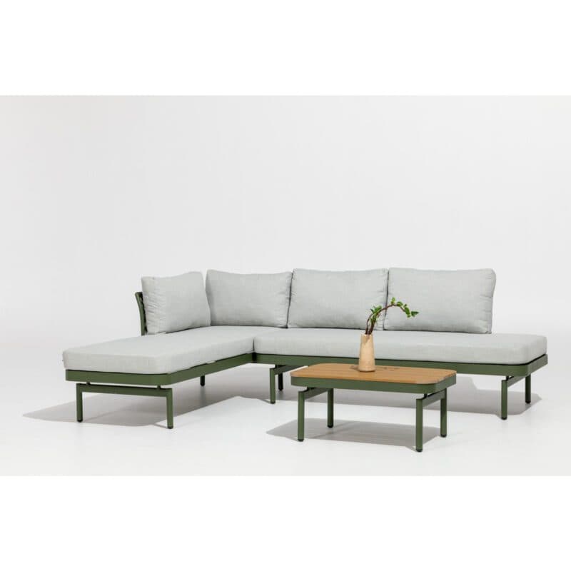 Liadomo "Capri" Lounge, Gestell Aluminium grün, Bespannung grün, Kissen hellgrau, Ablagen Polywood