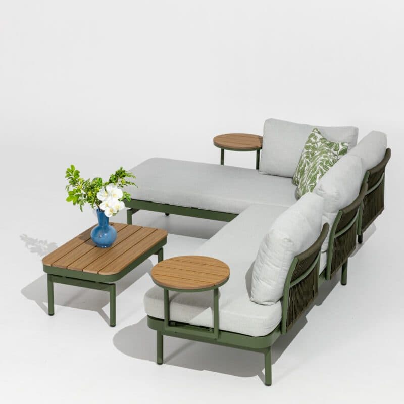 Liadomo "Capri" Lounge, Gestell Aluminium grün, Bespannung grün, Kissen hellgrau, Ablagen Polywood