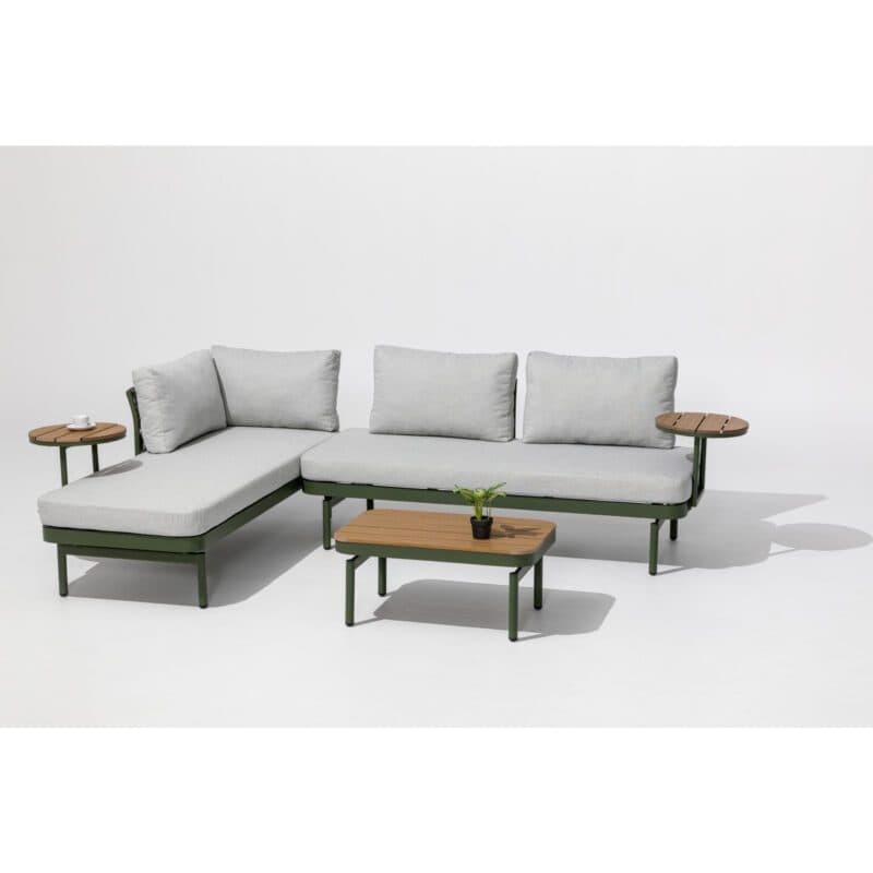 Liadomo "Capri" Lounge, Gestell Aluminium grün, Bespannung grün, Kissen hellgrau, Ablagen Polywood