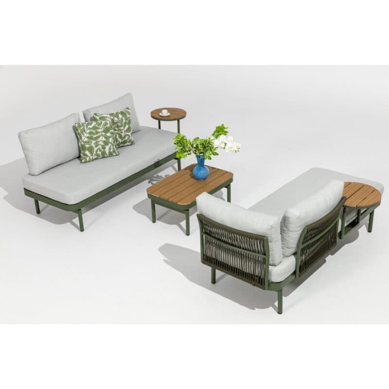 Liadomo "Capri" Lounge, Gestell Aluminium grün, Bespannung grün, Kissen hellgrau, Ablagen Polywood