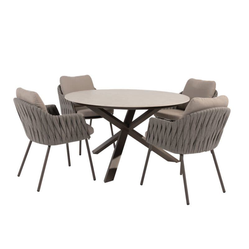4Seasons Outdoor "Cannes" Diningsessel, Gestell Aluminium terre, Rope-Bespannung grau, Kissen Olefin hellgrau mit "Prado" Gartentisch Ø 130 cm, Tischplatte Keramik