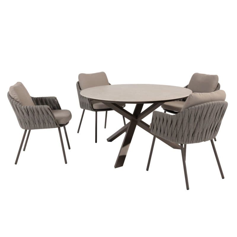 4Seasons Outdoor "Cannes" Diningsessel, Gestell Aluminium terre, Rope-Bespannung grau, Kissen Olefin hellgrau mit "Prado" Gartentisch Ø 130 cm, Tischplatte Keramik