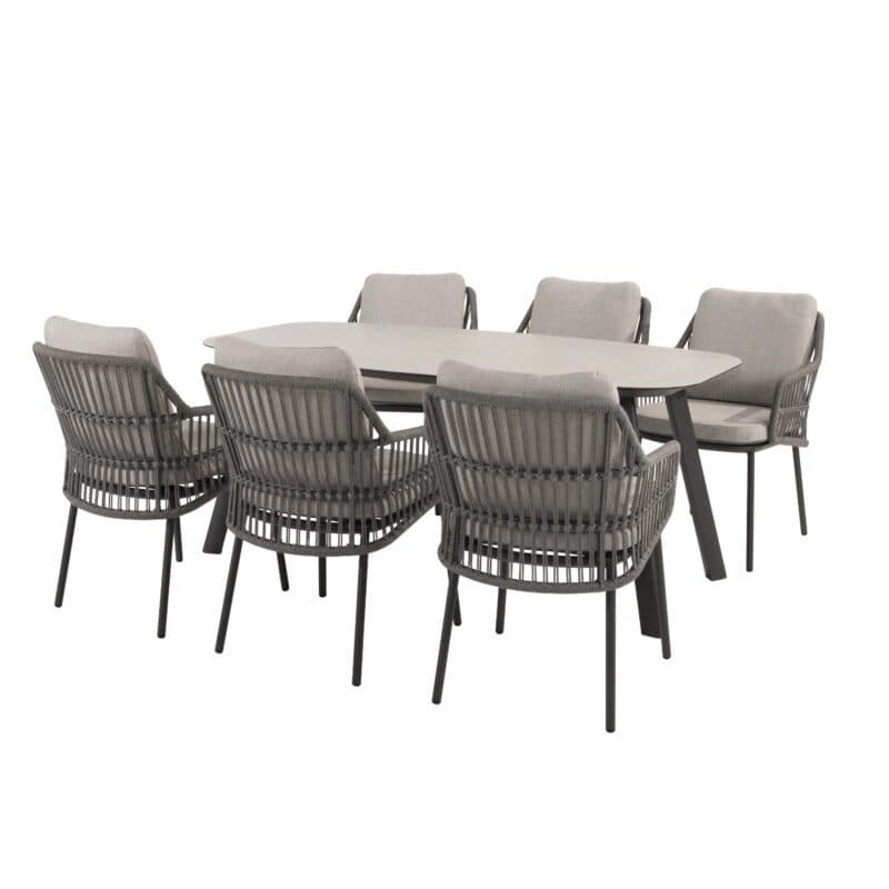 4Seasons Outdoor "Alicante" Diningsessel, Gestell Aluminium anthrazit, Rope-Bespannung grau, Kissen Olefin hellgrau mit "Manolo" Gartentisch 180x95 cm, Tischplatte Keramik sand