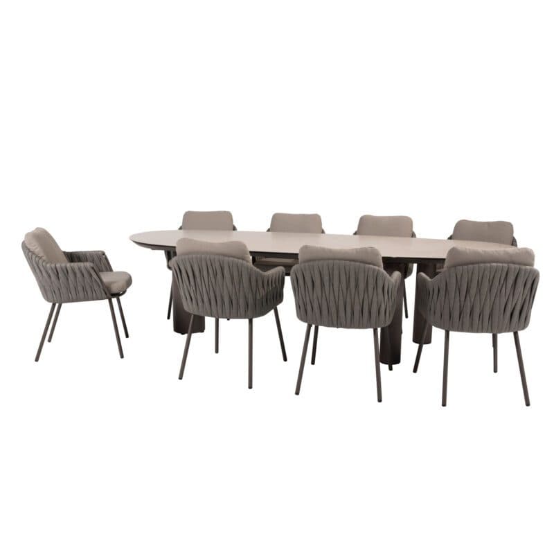 4Seasons Outdoor "Cannes" Diningsessel, Gestell Aluminium terre, Rope-Bespannung grau, Kissen Olefin hellgrau mit "Denia" Gartentisch 290x110 cm, Tischplatte Keramik sand