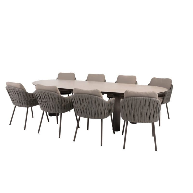 4Seasons Outdoor "Cannes" Diningsessel, Gestell Aluminium terre, Rope-Bespannung grau, Kissen Olefin hellgrau mit "Denia" Gartentisch 290x110 cm, Tischplatte Keramik sand