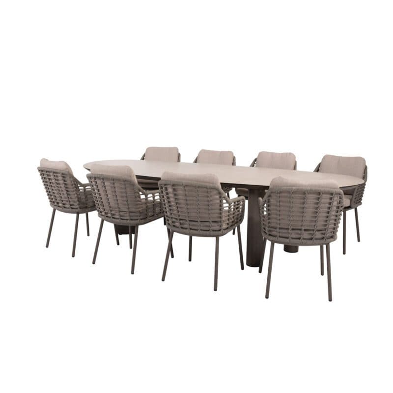 4Seasons Outdoor "Puglia" Diningsessel, Gestell Aluminium terre, Rope-Bespannung grau, Kissen Olefin hellgrau mit "Denia" Gartentisch 290x110 cm, Tischplatte Keramik sand