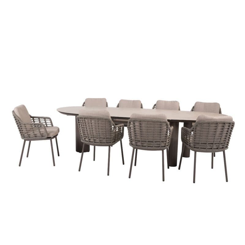 4Seasons Outdoor "Puglia" Diningsessel, Gestell Aluminium terre, Rope-Bespannung grau, Kissen Olefin hellgrau mit "Denia" Gartentisch 290x110 cm, Tischplatte Keramik sand