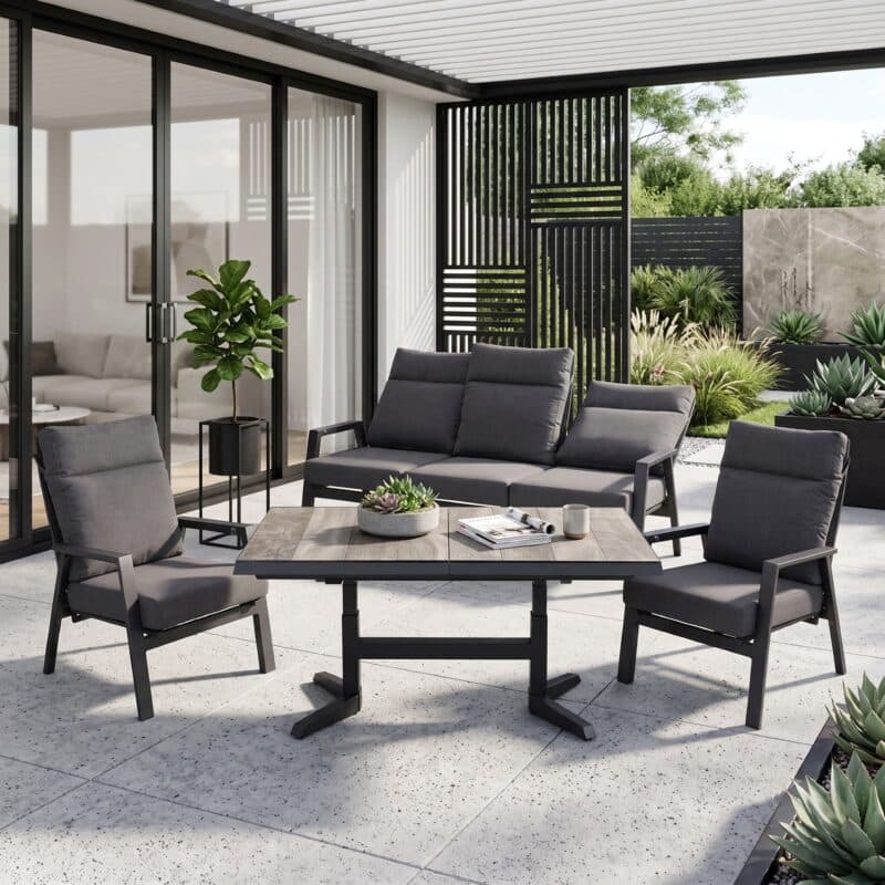 Lesli Living "Ohio" Loungeset mit "Castilla" Loungetisch höhenverstellbar ausziehbar, Gestelle Alu, Polster anthrazit, Tischplatte Keramik stone (Bild KI-generiert)