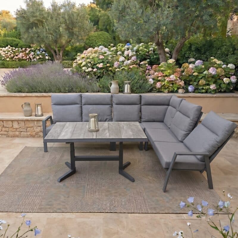 Lesli Living "Ohio" Loungeset mit "Castilla" Loungetisch ausziehbar & höhenverstellbar, Gestelle Aluminium charcoal, Polster anthrazit, Tischplatte Keramik stone (Bild KI-generiert)