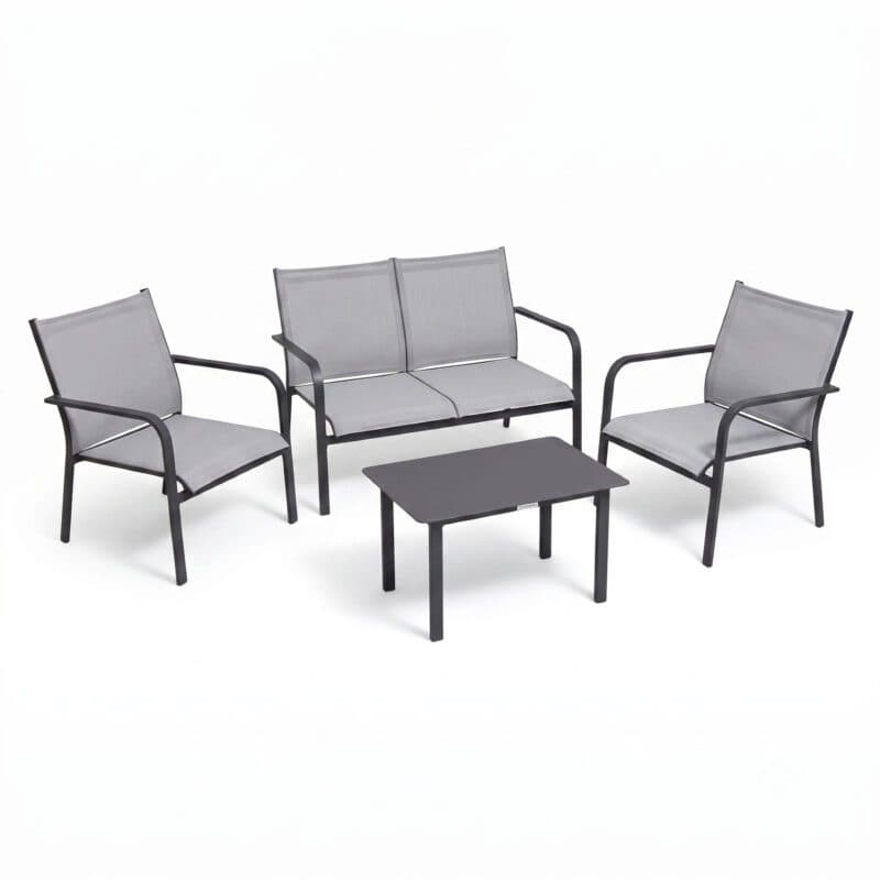 Jati&Kebon "Dransy" Loungeset mit Sessel, Sofa & Tisch, Aluminium eisengrau, Textilgewebe silbergrau (Bild KI-generiert)