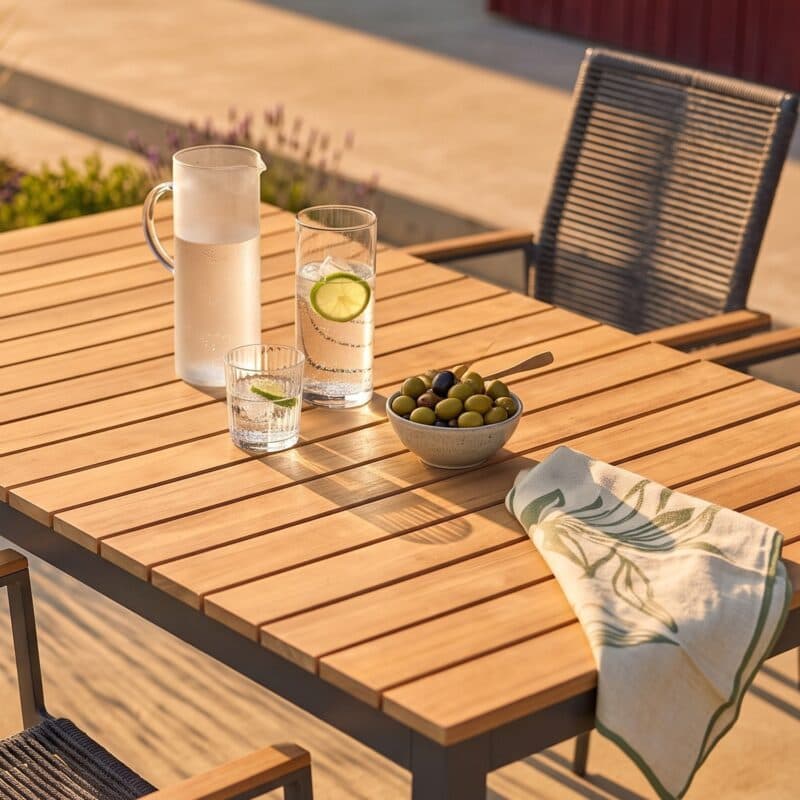 Liadomo "Scalea" Gartentische, Gestell Aluminium anthrazit, Tischplatte Teakholz leicht gebürstet (Bild KI-generiert)