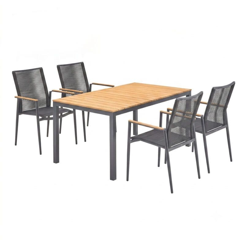 Liadomo Gartenmöbel-Set mit "Scalea" Tisch 160x90 cm, Alu anthrazit/Teak & "Mannoli" Stapelstuhl Rückenlehne Rope anthrazit, Armlehnen Teak (Bild KI-generiert)