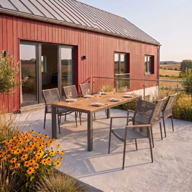 Liadomo Set mit "Scalea" Gartentisch 210x100 cm, Alu anthrazit/Teak & "Mannoli" Stapelstuhl Alu anthrazit, Sitz Textilgewebe, Rückenlehne Rope anthrazit, Armlehnen Teak (Bild KI-generiert)
