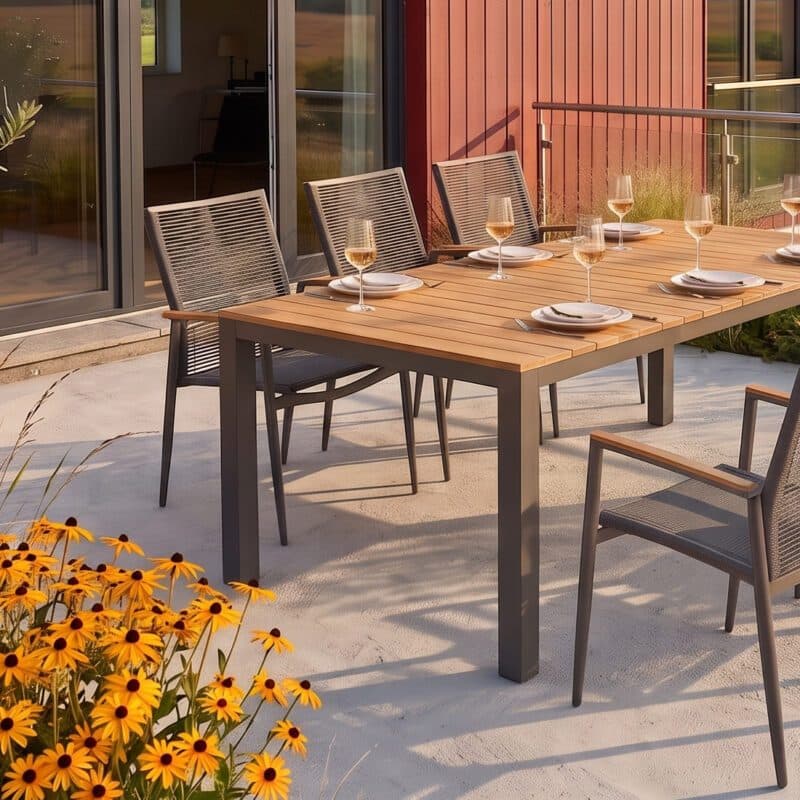 Liadomo Set mit "Scalea" Gartentisch 210x100 cm, Alu anthrazit/Teak & "Mannoli" Stapelstuhl Alu anthrazit, Sitz Textilgewebe, Rückenlehne Rope anthrazit, Armlehnen Teak (Bild KI-generiert)