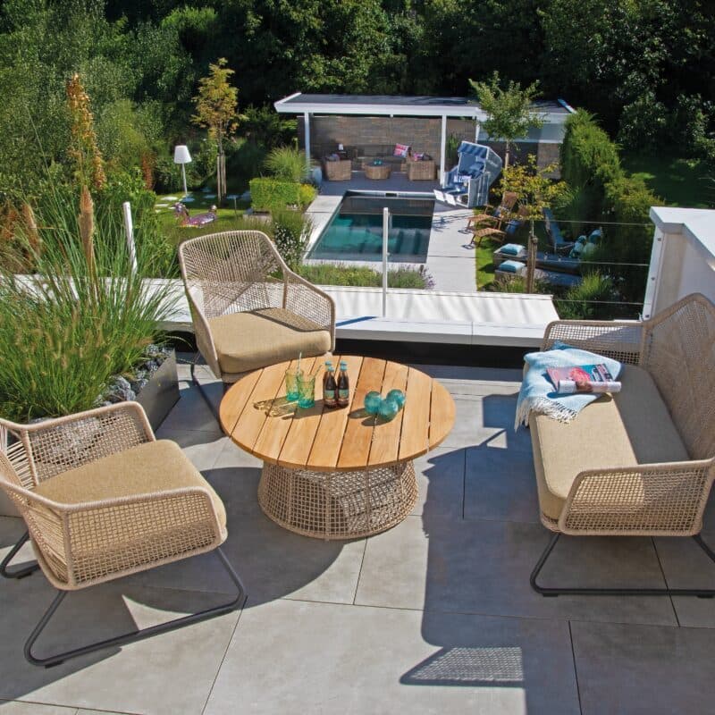 SonnenPartner "Couture" Loungetisch, Gestell Aluminium, Kunststoffgeflecht white-shell, Tischplatte Teakholz