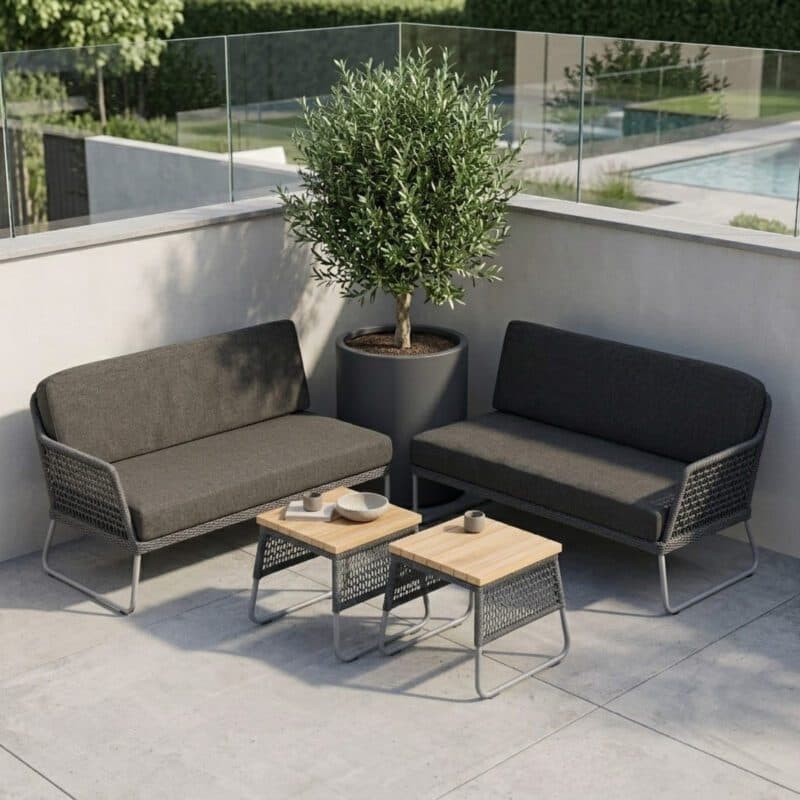 Sonnenpartner "Poison" Loungeset, Geflecht dunkelgrau, Tischplatten Teak (Bild KI-generiert)